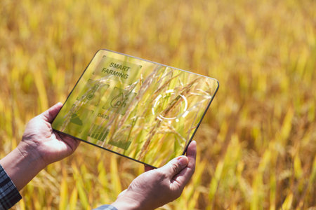 Smart farming Agricultural technology and organic agriculture Woman using research tablet and...