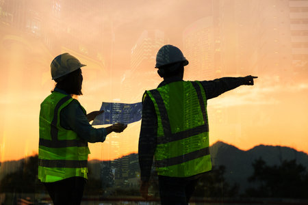 Double exposure image of engineer civil and construction worker with safety helmet and construction drawing against the background of surreal construction site in the night city or dark cityscape.の写真素材