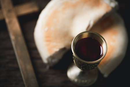 Concept of Eucharist or holy communion of Christianity. Eucharist is sacrament instituted by Jesus. during last supper with disciples. Bread and wine is body and blood of Jesus Christ of Christians.の写真素材