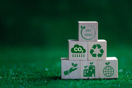 Net zero greenhouse gas emissions reduction with carbon credit concept. Reduce carbon dioxide e.g. renewable energy production improve the efficiency of transportation reduce environmental pollution.の写真素材