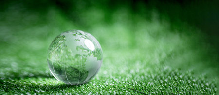 Close up of crystal globe resting on green grass with blur nature background, earth day or world environment day concept. Green world and sustainable conservation of forest resources.の写真素材
