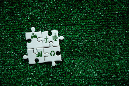 Companies are targeting net zero greenhouse gas emissions. Carbon credit concept.Tradable certificate to drive industry in direction of low emissions in efficiency cost. Jigsaw puzzle with decrease CO2の写真素材