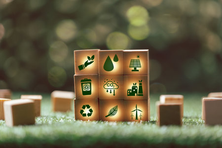 Companies are targeting net zero greenhouse gas emissions. Carbon credit concept.Tradable certificate to drive industry in direction of low emissions in efficiency cost.Wooden cubes with decrease CO2の写真素材