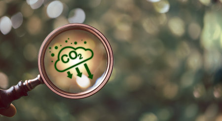 Magnifying glass with carbon reduction icon. Concept of reducing carbon emissions in production and service. Reduce carbon emissions in industry protect atmosphere and ecology and environment.の写真素材