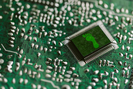 Environment green technology computer chip. Green world icon on circuit board technology innovations. Concept of green technology. Green Computing, Green Technology, Green IT, CSR, and IT ethics.の写真素材