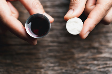 Concept of Eucharist or holy communion of Christianity. Eucharist is sacrament instituted by Jesus. during last supper with disciples. Bread and wine is body and blood of Jesus Christ of Christians.の写真素材