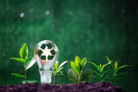 Concept of renewable energy innovation and green earth. Sustainable clean energy sources. Environmental protection, Idea sustainable energy sources. Light bulb put on soil on green nature background.の写真素材