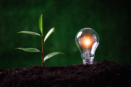 Concept of renewable energy innovation and green earth. Sustainable clean energy sources. Environmental protection, Idea sustainable energy sources. Light bulb put on soil on green nature background.の写真素材