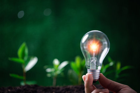 Concept of renewable energy innovation and green earth. Sustainable clean energy sources. Environmental protection, Idea sustainable energy sources. Hand holding light bulb on green nature background.の写真素材