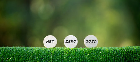Net Zero and Carbon Neutral Concepts Net Zero Emissions Goals A climate-neutral long-term strategy Ready to put wooden blocks by green net center icon and green icon on bokeh background.の写真素材