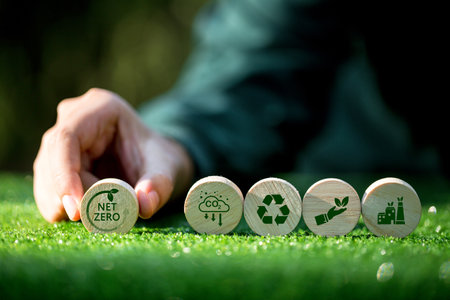 Companies are targeting net zero greenhouse gas emissions. Carbon credit concept.Tradable certificate to drive industry in direction of low emissions in efficiency cost. Wooden cubes with decrease CO2の写真素材