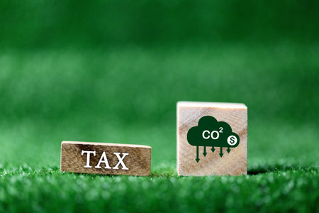 Wooden cubes with CO2 TAX word on green grass background. Concept of green Co2 Tax. Carbon tax, environmental and social responsibility business concept. Taxation for nature pollution.の写真素材