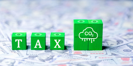 Green wooden cubes with CO2 TAX word on US dollars background. Concept of green Co2 Tax. Carbon tax, environmental and social responsibility business concept. Taxation for nature pollution.の写真素材
