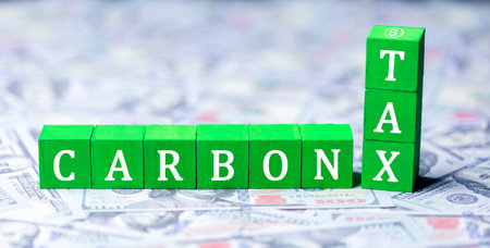 Green wooden cubes with CO2 TAX word on US dollars background. Concept of green Co2 Tax. Carbon tax, environmental and social responsibility business concept. Taxation for nature pollution.の写真素材