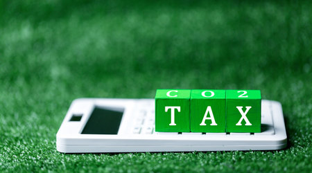 Wooden cubes with CO2 TAX word on green grass background. Concept of green Co2 Tax. Carbon tax, environmental and social responsibility business concept. Taxation for nature pollution.の写真素材