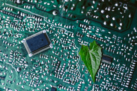 Leaf on the converging point of computer circuit board. Green computing, Green technology, Green IT, CSR, and IT ethics. Concept of green technology. Environment green technology.の写真素材