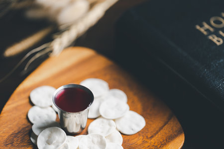 Concept of Eucharist or holy communion of Christianity. Eucharist is sacrament instituted by Jesus. during last supper with disciples. Bread and wine is body and blood of Jesus Christ of Christians.の写真素材
