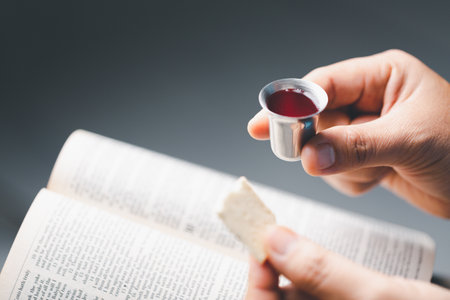Concept of Eucharist or holy communion of Christianity. Eucharist is sacrament instituted by Jesus. during last supper with disciples. Bread and wine is body and blood of Jesus Christ of Christians.の写真素材