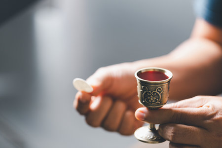 Concept of Eucharist or holy communion of Christianity. Eucharist is sacrament instituted by Jesus. during last supper with disciples. Bread and wine is body and blood of Jesus Christ of Christians.の写真素材