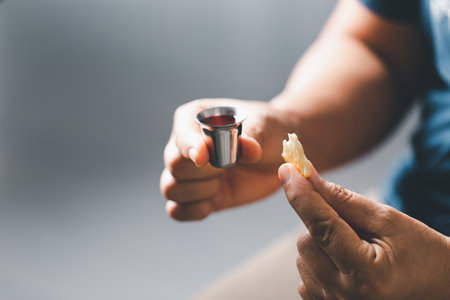 Concept of Eucharist or holy communion of Christianity. Eucharist is sacrament instituted by Jesus. during last supper with disciples. Bread and wine is body and blood of Jesus Christ of Christians.の写真素材