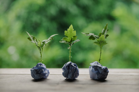 Plastic bags and plastic bottles reused as containers for growing plants. Green tree on plastic bottle. Decoration by using old plastic bottle and bags. Reduce or garbage or waste by recycling objectsの写真素材