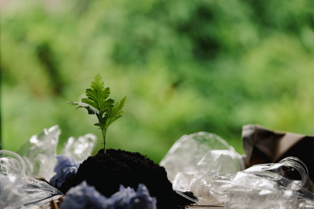 Plastic bags and plastic bottles reused as containers for growing plants. Green tree on plastic bottle. Decoration by using old plastic bottle and bags. Reduce or garbage or waste by recycling objectsの写真素材
