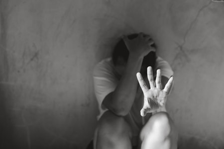 exual violence Concept, stop rape women violation. International women's day. A young girl sad put...