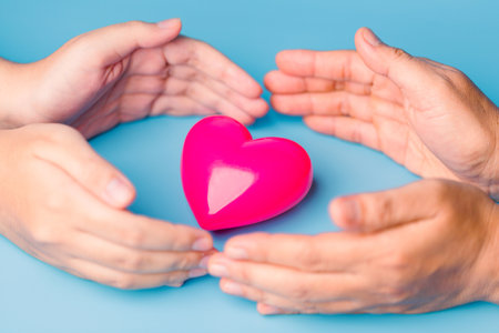 foster home concept. hands holding red heart, health care, love, organ donation, mindfulness, wellbeing, family insurance and CSR concept, world heart day, world health day, world mental health day.の写真素材
