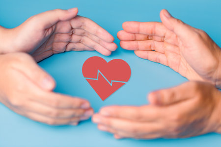 foster home concept. hands holding red heart, health care, love, organ donation, mindfulness, wellbeing, family insurance and CSR concept, world heart day, world health day, world mental health day.の写真素材