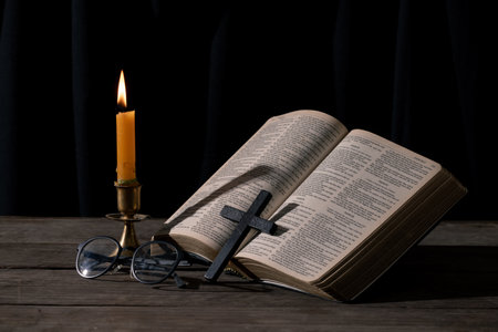 Still Life with Vintage Book and Wooden Cross: Capturing the Essence of Religious Traditions....