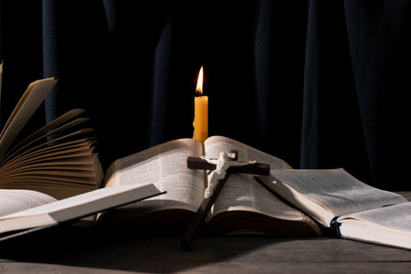 Still Life with Vintage Book and Wooden Cross: Capturing the Essence of Religious Traditions....