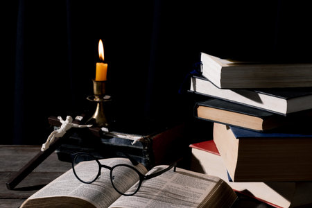 Still Life with Vintage Book and Wooden Cross: Capturing the Essence of Religious Traditions....