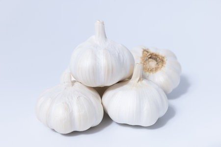 Fresh garlic herb food on a white background.This culinary ingredient adds natural flavor and aroma to your meals. Ideal for gourmet cooking and food styling. A tasty addition to any recipe.の写真素材