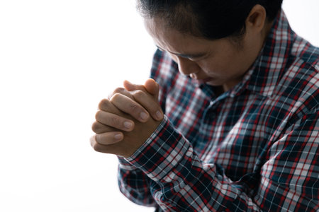 Close up prayer hand pray in church, Pastor pray to God. Christian life crisis prayer to god. Woman...