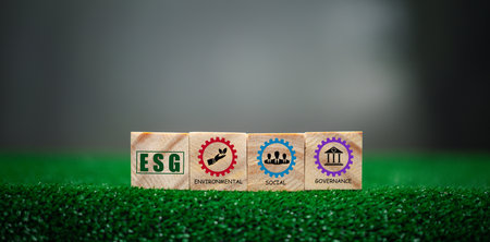 ESG concept of environmental, social and governance. Sustainable corporation development. Wooden...