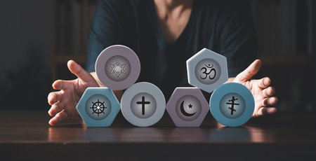 Personal hand protecting World religion symbols. Signs of major religious groups and religions. Christianity, Islam, Hinduism, Buddhism, orthodox and Judaism. religion concept.の写真素材