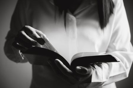 Religion, belief, worship concept copy space: Black and white prayer hands with palms up to pray Godの写真素材