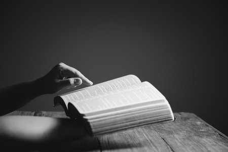 Religion, belief, worship concept copy space: Black and white prayer hands with palms up to pray Godの写真素材