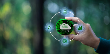 Hand holding CO2 reducing icon with virtual world for decrease carbon dioxide emission, carbon footprint and carbon credit to limit global warming from climate change concept. green environment.の写真素材