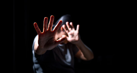 Stop Sexual abuse Concept, stop violence against Women, international women's day. Female stress with fear and depression from sexual abuse. Human crying depression from being a victim of crime.の写真素材