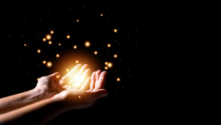 Woman person hand are praying in dark background. Female christian worship to god in faith. Girl christian meditation and pray in christ. Christianity religion concept.の写真素材