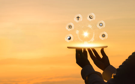 Religious symbols. Christianity cross, Islam crescent, Buddhism dharma wheel, Hinduism aum, Judaism David star, Taoism yin yang, world religion concept. Prophets of all religions bring peace to world.の写真素材