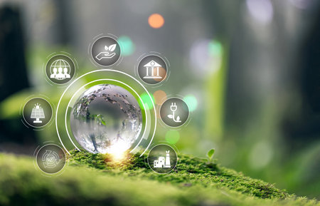 ESG icon concept on green moss for environmental, social, and governance in sustainable and ethical business on the Network connection on a green background. environmental icon, banner and copy spaceの写真素材
