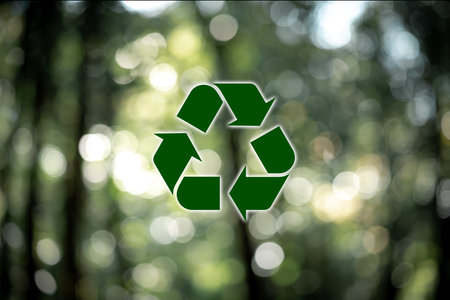 Recycle symbol on green bokeh background. eco and save the earth concept. An ecological metaphor for ecological waste management and a sustainable and economical lifestyle.の写真素材