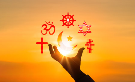 Religious symbols. Christianity cross, Islam crescent, Buddhism dharma wheel, Hinduism aum, Judaism David star, Eastern orthodox cross, world religion concept. Prophets religions bring peace to worldの写真素材