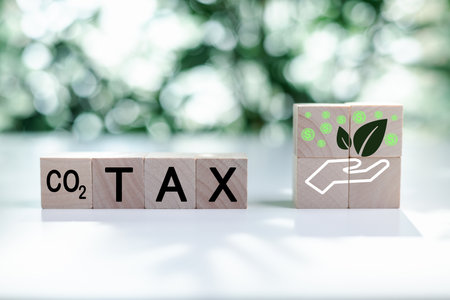 Words TAX on a wooden cube with co2 icon. Taxation for nature pollution. Controlling carbon emission. Carbon tax, CO2 tax, environmental and social responsibility business concept.の写真素材