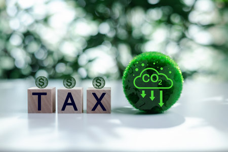 Words TAX on a wooden cube with Co2 icon on a green ball. Carbon tax, CO2 tax, environmental and social responsibility business concept. Controlling carbon emission.の写真素材