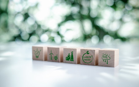 Industrial plant with a negative greenhouse gas emission. Innovative green technologies in the industry. Reduce climate change. Absorption of a record amount of carbon dioxide. Decarbonization.の写真素材