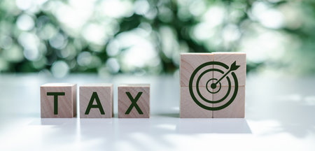 Words TAX on a wooden cube with co2 icon. Taxation for nature pollution. Controlling carbon emission. Carbon tax, CO2 tax, environmental and social responsibility business concept.の写真素材