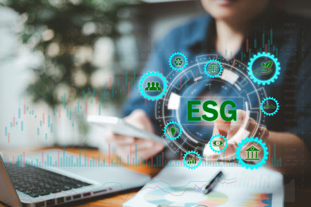 ESG environmental social governance investment business concept. Environmental stocks and funds. Businesswoman analyzing stock market and social and environmental investment. business backgroundの写真素材